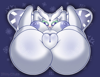 anthro areola back_wings big_breasts big_butt blue_areola blue_nipples blush breasts butt female forehead_gem gem genitals hands_behind_back hands_behind_head looking_at_viewer lying nipples on_back plump_labia pokemorph shortstack simple_background slightly_chubby solo spread_legs spreading thick_thighs vulva white_body wings shinychaonsfw nintendo pokemon frosmoth generation_8_pokemon pokemon_(species) hi_res