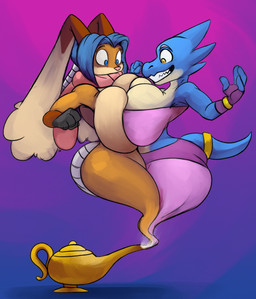 accessory anthro big_breasts blue_body blue_eyes blue_hair breast_squish breasts breasts_frottage brown_body clothing duo female female/female fingerless_gloves furgonomics gloves hair handwear huge_breasts implied_transformation jewelry looking_down magic_lamp open_mouth pokemorph ring simple_background smile squish tail tail_accessory tail_jewelry tail_ring robomax nintendo pokemon able_ellis thumbeh_(character) generation_4_pokemon genie kobold lopunny pokemon_(species) scalie 2024 digital_media_(artwork) hi_res