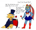 anthro bottomless breasts cleavage clothed clothing cosplay dialogue duo female female/female flower_in_mouth non-mammal_breasts open_mouth text sen_grisane_(artist) sailor_moon_(series) undertale undertale_(series) alphys sailor_moon_(character) tuxedo_mask undyne scalie digital_media_(artwork) english_text flat_colors signature