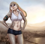 2016 abs anthro athletic athletic_anthro athletic_female bodily_fluids bottomwear bra breasts cellphone clothed clothing detailed_background digital_media_(artwork) disney electronics female fur hands_on_hips headphones judy_hopps lagomorph leporid mammal midriff navel nuzzo open_mouth outside phone portable_music_player purple_eyes rabbit shaded shakira shorts smile solo sports_bra sweat underwear zootopia