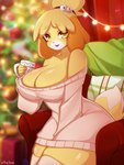 anthro big_breasts biped blonde_hair breasts chair clothing female fur furniture hair legwear looking_at_viewer sitting smile thick_thighs thigh_highs yellow_body yellow_fur vtalna1 animal_crossing nintendo isabelle_(animal_crossing) canid canine canis domestic_dog mammal shih_tzu toy_dog absurd_res hi_res