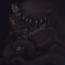 ambiguous_gender bodily_fluids chest_lick clothed clothing clothing_around_legs drooling duo eye_contact eyewear facial_hair glasses licking long_tongue looking_at_another male male/ambiguous mawplay multi_eye open_mouth partially_clothed prehensile_tongue saliva sharp_teeth size_difference teeth tentacles teratophilia tongue underwear underwear_around_legs underwear_down wearing_glasses analog_vorer don't_feed_the_muse mark_mayhew alien eldritch_abomination human humanoid mammal monster muse_(don't_feed_the_muse) tentacle_creature 1:1 hi_res