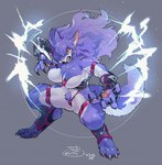 anthro big_breasts breasts claws female fighting_pose fur grey_background hair light long_hair looking_at_viewer muscular muscular_female nails pawpads pose pubes purple_body purple_fur purple_hair sharp_nails sharp_teeth simple_background solo spread_legs spreading teeth white_body white_fur men_cho rae_(girlsay) canid canine canis mammal wolf 2021 lighting