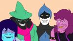 black_body black_fur blue_body blue_hair blue_skin clothing eyewear fur glasses grin group hair hat headgear headwear horn humor jacket male pink_body pink_scales purple_hair robe scales scarf simple_background smile spades_(suit) spikes suit_symbol teeth topwear white_body witch_hat yellow_teeth keno9988 deltarune me_and_the_boys undertale_(series) kris_(deltarune) lancer_(deltarune) ralsei susie_(deltarune) bovid caprine darkner goat human mammal 2019 meme