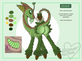 animal_genitalia bodily_fluids bubble_butt butt cloaca color_swatch feral genitals green_body green_cloaca green_penis green_tongue head_sprout hooves leaf leaf_ruff leaves_on_body long_neck long_tongue looking_at_viewer penile_spines penis pinecone plant plant_tail pollen presenting presenting_cloaca presenting_hindquarters quadruped round_cloaca saliva saliva_string simple_background smile solo tapering_penis tapering_tongue text tongue unguligrade littlestfuzz alien elemental_creature flora_fauna 2026 absurd_res digital_drawing_(artwork) digital_media_(artwork) english_text full-length_portrait hi_res model_sheet portrait