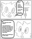 anthro cafe dialogue duo hair looking_at_another love_at_first_sight male male/male open_mouth otter_canine_hyrbid simple_background smile speech_bubble text koffeecake cookie_(koffeecake) creame_(koffeecake) canid canine canis mammal comic digital_media_(artwork) english_text monochrome sketch