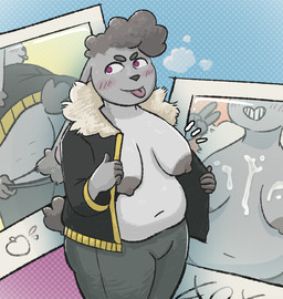 anthro belly belly_overhang big_butt bodily_fluids breasts butt clothing cum cumshot cumshot_on_chest curly_hair ejaculation female fluffy fur genital_fluids grey_body grey_fur hair jacket leggings legwear long_ears navel overweight photo polaroid_photo public public_nudity solo tail topwear undressing wide_hips dirtballrun maru_(dirtballrun) lagomorph leporid mammal rabbit english_description hi_res