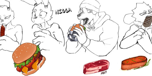 anthro beef bite bread burger cheese clothing cooked_food dairy_products eating female floppy_ears food fruit group lettuce male meat open_mouth plant sausage steak sweater text tomato topwear vegetable wide_eyed goonie-san goon_(goonie_san) mercy_(goonie-san) reiko_(goonie-san) arthropod bee canid canine canis domestic_dog hymenopteran insect mammal absurd_res hi_res