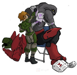 armor bandage blood bodily_fluids brown_hair chair clothed clothing colored_blood digitigrade duo female female_human furniture gauze grey_body hair larger_humanoid larger_male looking_back male male_humanoid mandibles marines medkit pupils purple_blood sitting size_difference slit_pupils smaller_female smaller_human standing topless topless_humanoid topless_male unusual_blood unusual_bodily_fluids yellow_eyes cugu00 halo_(series) microsoft xbox_game_studios alien human humanoid mammal sangheili colored hi_res