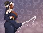 abstract_background ahegao anthro balls balls_outline belt belt_buckle big_breasts biped black_clothing black_headwear black_robe blush blush_lines bodily_fluids breasts brown_body brown_skin buckle bulge cleavage cleavage_overflow clothed clothed_anthro clothed_gynomorph clothing cum cum_in_clothing cum_through_clothing cumshot detailed_bulge ejaculation erection erection_under_clothing eyebrows eyelashes female_symbol fingers furgonomic_headwear furgonomics gender_symbol genital_fluids genital_outline genitals glistening glistening_breasts glistening_clothing gynomorph habit hair hands-free headdress headgear headwear holding_breast horn intersex jewelry looking_pleasured motion_lines narrowed_eyes nipple_outline nipples nun open_mouth orgasm orgasm_face pendant penile penis_outline pivoted_ears puffy_nipples red_eyes robe shaking short_snout side_view snout solo standing sweat symbol teeth text thick_thighs throbbing throbbing_balls tight_clothing tongue tremble_spikes trembling veil wet wet_clothing white_ears white_hair white_sclera wide_hips dindin_(artist) bovid caprine mammal sheep 2022 artist_name digital_media_(artwork) portrait shaded three-quarter_portrait watermark