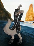 anthro beach black_hair blue_eyes boots bracelet bulge clothing collar ear_piercing footwear fur grey_body grey_fur hair jewelry light male neoprene outside piercing seaside shoes solo standing sunlight swimwear weight_belt wetsuit delfyni_(artist) canid canine canis mammal wolf 2021 3:4 hi_res