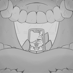 ambiguous_gender ambiguous_pred ambiguous_prey anthro anthro_pred anthro_prey bodily_fluids cellphone duo electronics extreme_size_difference first_person_view freckles holding_cellphone holding_object holding_phone holding_smartphone hoof_hands imminent_oral_vore imminent_vore one_eye_obstructed open_mouth open_smile phone prey_pov reverse_mouth_shot saliva selfie size_difference smartphone smile teeth tongue jaybat11 mistle_(jaybat11) deer mammal murid murine new_world_deer rat reindeer rodent 1:1 digital_drawing_(artwork) digital_media_(artwork) english_description hi_res monochrome female_(lore)