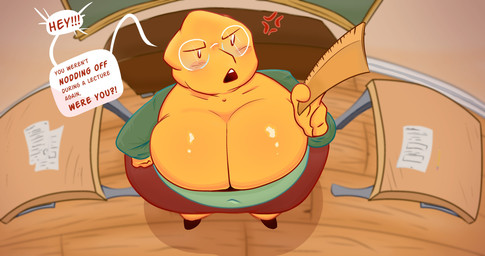 annoyed anthro big_breasts blush blush_lines bottomwear breasts brown_bottomwear brown_clothing brown_footwear brown_shoes brown_skirt cleavage clothed clothing dialogue eyewear female footwear front_view glasses hand_on_hip high-angle_view holding_object holding_ruler huge_breasts looking_at_viewer navel_outline non-mammal_breasts open_mouth orange_body orange_scales overweight overweight_anthro overweight_female round_glasses ruler scales shoes skirt solo speech_bubble talking_to_viewer text thick_thighs wide_hips vyralewd undertale_(series) alphys scalie 256:135 4k absurd_res hi_res