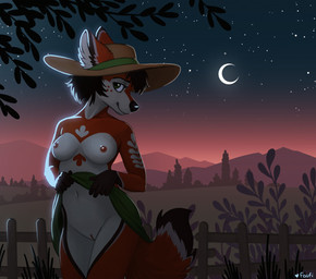 5_fingers anthro biped black_hair black_nose breasts clothed clothing clothing_lift detailed_background female fingers fur furgonomics genitals green_clothing green_eyes hair hat headgear headwear humanoid_hands moon mountain navel nipples orange_body orange_fur outside presenting presenting_vulva sky solo standing star starry_sky sunset topless vulva white_body white_fur foufi poppy_(lavallett1) canid canine canis mammal wolf 2021 digital_media_(artwork) shaded