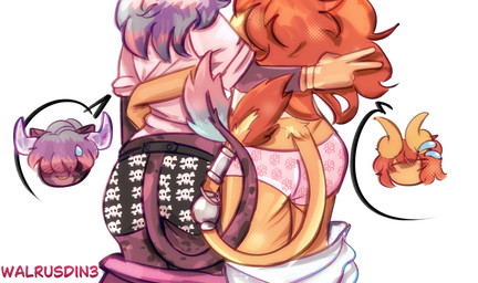 anthro braided_tail brown_body brown_fur butt butt_focus clothed clothed_anthro clothing curvy_figure duo female fur hair hug markings multicolored_hair orange_hair panties partially_clothed spots spotted_body spotted_fur tail underwear yellow_body yellow_fur walrusdin3 bovid bovine cattle mammal hi_res