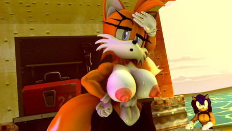 anthro big_breasts blue_body blue_fur bodily_fluids breasts clothing crossgender duo female fur gloves green_eyes handwear male nipples nude simple_background sweat boiboi9999 sega sonic_the_hedgehog_(series) miles_prower sonic_the_hedgehog canid canine eulipotyphlan fox hedgehog mammal 16:9 3d_(artwork) digital_media_(artwork) hi_res source_filmmaker_(artwork) widescreen