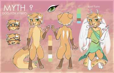 anthro bodily_fluids clothing crying dress fangs feathered_wings feathers female floppy_ears fluffy fluffy_tail gloves_(marking) hair leaf leg_markings markings open_mouth open_smile smile snout socks_(marking) solo tail tears teeth text wings ezpups myth_(ezpups) canid canine canis domestic_dog fox hybrid mammal spirit english_text hi_res model_sheet