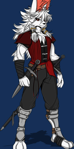 anthro armor athletic bandage black_bottomwear black_clothing black_pants bottomwear clothing fluffy fluffy_ears front_view fur guard longsword male masculine melee_weapon military muscular pants paws red_clothing red_topwear red_vest scabbard soldier solo sword topwear vest warrior weapon snowiefeather canid canine canis domestic_rabbit hybrid lagomorph leporid mammal oryctolagus rabbit wolf absurd_res alpha_channel hi_res