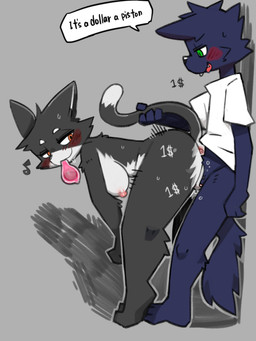 anthro anthro_on_anthro anthro_penetrated anthro_penetrating anthro_penetrating_anthro anus balls_deep biped black_body black_fur blush bodily_fluids bodyguard_position bottomless bottomless_anthro bottomless_male breasts clothed clothing condom condom_in_mouth dialogue dipstick_tail duo fangs female female_penetrated filled_condom from_behind_position fur green_eyes grey_background grey_body grey_fur half-closed_eyes interspecies leaning_on_wall looking_back_at_self male male/female male_penetrating male_penetrating_female markings medium_breasts motion_lines mouth_hold multicolored_body multicolored_fur narrowed_eyes nipples nude nude_anthro nude_female object_in_mouth open_mouth orange_eyes penetration penile penile_penetration plantigrade sex sexual_barrier_device shirt shirt_only side_view simple_background slim slim_anthro slim_female slim_male speech_bubble standing standing_sex sweat tail tail_grab tail_markings teeth text topwear topwear_only two_tone_body two_tone_fur vaginal vaginal_penetration white_body white_fur pizademokttero nifram_logan canid canine canis felid feline mammal wolf 2026 3:4 absurd_res digital_drawing_(artwork) digital_media_(artwork) english_text hi_res