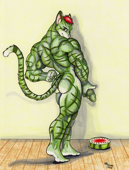 abs anthro butt erection food fruit fur genitals green_body green_fur male melon muscular muscular_anthro muscular_male nude penis plant pose solo tail watermelon wolfgangcake felid mammal