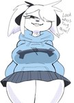 anthro big_breasts black_ears breasts clothed clothing describing_height describing_viewer dialogue female hoodie looming low-angle_view smug solo sweater talking_to_viewer taunting teeth text thick_thighs toothy_grin topwear white_body wide_hips puppkittyfan1 pepper_(puppkittyfan1) canid canine canis domestic_dog mammal digital_media_(artwork) english_text hi_res