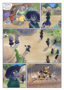 ambiguous_gender anthro biped black_body black_fur black_tail blue_sky brown_body clothed clothing dark_body dark_skin day dialogue dialogue_box female fur grey_body group hat headgear headwear holding_object hooves male outside sky speech_bubble tail text village bjekkergauken imbali_(bjekkergauken) isilo_(bjekkergauken) avian bird elephant elephantid fairy giraffe giraffid humanoid mammal proboscidean rhinoceros unknown_species 2025 comic english_text hi_res