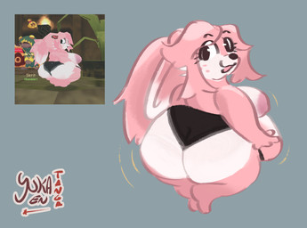 anthro areola belly big_belly big_breasts big_butt black_clothing black_underwear bottomwear breasts butt clothing eyelashes eyewear female footwear freckled_face freckles fur hair huge_belly huge_butt long_eyelashes motion_lines nipples overweight overweight_female pink_body pink_hair rabbit_ears solo underwear white_body white_fur yuka_tanga atlyss lagomorph leporid mammal poon_(atlyss) rabbit hi_res