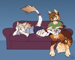 anthro barefoot clothed clothing duo feet female furniture laugh sofa tickling tickling_feet toes carifoxleopard autumn_mocca_(rookie_fox) seraph_(oldmancassius) canid canine fox mammal