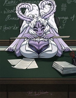 antennae_(anatomy) anthro big_breasts blush breasts clothed clothing dialogue female fingers fur hair multi_arm multi_eye multi_limb open_mouth smile solo teacher text wings tekandprieda the_rune_tapper spindle_(tekandprieda) arachnid arthropod hybrid insect lepidopteran moth spider 2021 digital_media_(artwork) english_text