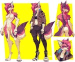 anthro blue_eyes bottomwear breasts cheek_tuft claws clothing crop_top cybernetics ear_piercing ear_ring facial_tuft featureless_breasts featureless_crotch female footwear fur furgonomic_footwear furgonomics gun hair inner_ear_fluff jacket machine markings midriff navel pants paws piercing pink_body pink_fur pink_hair ranged_weapon ring_piercing shirt solo spots spotted_markings tail toe_claws topwear tuft weapon potatokamaos v_(cyberpunk_2077) canid canine canis mammal wolf absurd_res hi_res