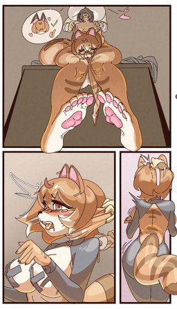 amber_eyes anthro big_breasts big_butt blush breasts butt claws clothing costume dressing duo female fur glue hair huge_breasts imminent_transformation male open_mouth orange_body orange_fur orange_hair pasties pawpads reverse_bunny_costume sharp_teeth sitting_on_desk skinsuit teeth tight_clothing hypnas_arian potatotanuki_(potatoximon) bear canid canine human mammal raccoon_dog tanuki comic hi_res