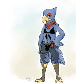 2_toes anthro avian_feet barefoot beak belt bikini bikini_bottom bikini_top biped black_bikini black_clothing black_swimwear black_thong black_underwear blue_body blue_feathers brown_claws bulge claws clothed clothing crossdressing feathers feet green_eyes hand_on_hip holster kerchief male neckerchief neckwear red_clothing red_kerchief red_neckerchief simple_background solo standing swimwear thong toes torn_clothing two-piece_swimsuit underwear unimpressed year yellow_beak cobalt_snow conditional_dnp nintendo star_fox falco_lombardi avian bird 2016 digital_media_(artwork) full-length_portrait hi_res portrait signature