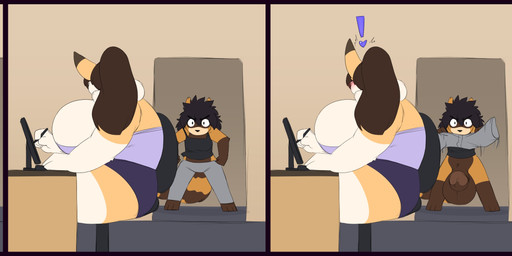 anthro balls barefoot big_breasts black_border black_hair border bottomless bottomwear breasts brown_hair clothed clothing determined doorway duo exclamation_point feet female genitals gynomorph gynomorph/female hair huge_breasts intersex intersex/female navel overweight overweight_female pants penis ponytail sitting surprised tail undressing robertge theroflcoptr jason_markova marcy_(theroflcoptr) mammal procyonid raccoon 2022 digital_media_(artwork) hi_res