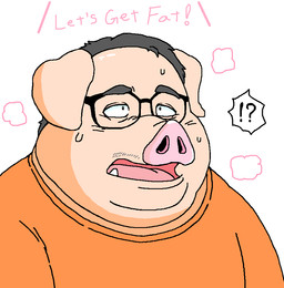 after_transformation anthro black_hair bodily_fluids clothed clothing dialogue double_chin eyewear glasses hair implied_transformation interrobang male open_mouth overweight overweight_anthro overweight_male simple_background solo sweat sweatdrop text tongue transformation tusks white_background buta_ou domestic_pig human mammal suid suine sus_(pig) english_text