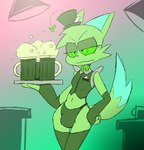 anthro beverage bow_tie bulge clothing clover_(plant) fur green_body green_clothing green_eyes green_fur green_hat green_headwear green_underwear grumpy hat headgear headwear holidays legwear male plant seductive solo thigh_gap thigh_highs underwear villainous trinitroid st._patrick's_day trinitro_stropher canid canine fox mammal absurd_res hi_res