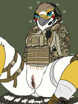 anthro aroused aroused_face aroused_smile bedroom_eyes bodily_fluids boots bottomless bottomless_female bulletproof_vest camo camo_clothing camo_print clitoral_hood clitoris clothed clothing combat_boots electronics female footwear genital_fluids genitals headgear headphones headset inviting_to_sex leg_strap magazine_(gun) military military_uniform narrowed_eyes pattern_clothing presenting presenting_vulva seductive shoes socks solo spread_legs spreading tactical_gear uniform vaginal_fluids vulva fish_birb evy_(fish_birb) american_kestrel avian bird falcon falconid kestrel absurd_res hi_res