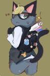 anthro backpack butt clothing eyewear glasses grey_body looking_at_viewer looking_back male monotone_background solo text ronchainu animal_crossing nintendo raymond_(animal_crossing) domestic_cat felid feline felis mammal 2020 hi_res japanese_text