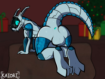 3_toes anthro anus backsack balls big_tail biped blush blush_lines butt claws feet fingers genitals gift glistening glistening_body glowing glowing_anus glowing_eyes holidays kneeling machine male multicolored_body presenting presenting_anus presenting_balls presenting_hindquarters rear_view rug shy simple_background solo synthetic tail toes visor kaiori christmas android living_machine robot synth_(vader-san) absurd_res hi_res