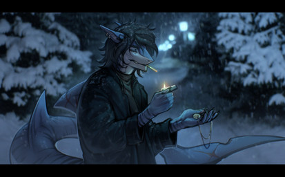 anthro black_bars black_hair blue_body character_lunar_sun cigarette ear_piercing green_eyes hair lighter male piercing scar shark_tail short_hair smoking smoking_cigarette snow solo zippo_lighter noizen aquatic fish shark digital_media_(artwork) hi_res letterbox