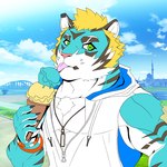 anthro biceps blonde_hair dessert food fur green_eyes hair ice_cream ice_cream_cone male muscular muscular_anthro muscular_male pecs solo striped_body striped_fur stripes starodinblack lifewonders live_a_hero rexer felid mammal pantherine tiger 1:1 hi_res