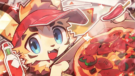anthro bared_fangs big_eyes biped blinking box chili_pepper claws clothing container cute_fangs delivery_(commerce) ear_wag fangs food food_delivery fruit fur hat headgear headwear hot_sauce kemono male pepper_(fruit) pizza pizza_box pizza_delivery plant solo star teeth yellow_body yellow_fur k_szk picklez felid feline leopardus mammal ocelot 2025 2d_animation animated