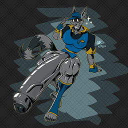 abstract_background anthro athletic balls big_penis black_clothing black_shirt black_topwear blue_clothing blue_topwear blue_vest clock clothed clothing footwear_without_bottomwear foreskin fur furry_tail genitals glans gloves grey_body grey_fur handwear hat headgear headwear huge_penis hyper hyper_genitalia hyper_penis male markings muscular muscular_thighs pantsless penis pocketwatch shirt smile solo striped_markings striped_tail stripes tail tail_markings topwear vein veiny_penis vest watch rxq sly_cooper_(series) sony_corporation sony_interactive_entertainment sucker_punch_productions sly_cooper mammal procyonid raccoon 1:1 2025 hi_res signature