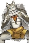 anthro blue_eyes bulge clothing detailed_bulge fur grey_body grey_fur holding_clothing holding_object jockstrap male muscular muscular_male muscular_thighs solo spread_legs spreading thong underwear white_body white_fur yellow_clothing yellow_underwear drnx canid canine canis mammal wolf