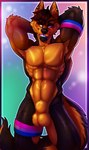 abs animal_genitalia anthro balls biceps biped bisexual_pride_colors brown_hair canine_genitalia ear_piercing fully_sheathed fur genitals hair hands_behind_head lgbt_pride looking_aside male male_anthro multicolored_body multicolored_fur muscular muscular_anthro muscular_male nude orange_body orange_fur pecs piercing pride_colors sheath smile smug_face solo standing sunshine_(canstacat) phinni_(artist) canid canine canis mammal wolf absurd_res hi_res