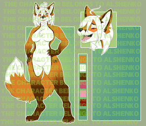 antenna_hair anthro biped breasts color_swatch female fluffy fluffy_tail fur hair hands_on_hips markings nude open_mouth outer_highlight outline solo tail text text_background tongue omez canid mammal digital_media_(artwork) distracting_watermark full-length_portrait headshot_portrait letterbox model_sheet portrait watermark
