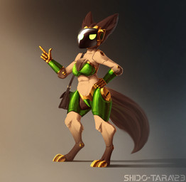 4_artificial_limbs anthro bag bionics brown_body brown_fur cybernetics female fur green_body green_eyes machine metallic_body science_fiction simple_background solo standing tail technology conditional_dnp shido-tara 6-9 cyborg protogen hi_res