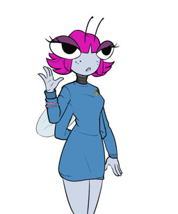 4_arms antennae_(anatomy) anthro big_eyes blue_clothing blue_shirt blue_topwear clothing female grey_body hair insect_wings multi_arm multi_limb pink_hair shirt solo topwear wings nightlyg1 disney star_trek the_buzz_on_maggie maggie_pesky arthropod fly_(animal) insect hi_res