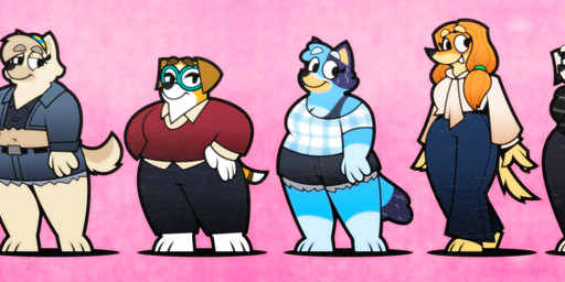3_toes 4_fingers accessory aged_up anthro anthrofied belly belt black_bottomwear black_clothing black_eyelids black_nose black_pants black_spots black_tail_tip black_yoga_pants blue_arms blue_body blue_bottomwear blue_clothing blue_ears blue_eyebrows blue_face blue_feet blue_hair blue_hands blue_head blue_jeans blue_legs blue_pants blue_tail bottomwear bra bra_strap braided_hair brown_eyebrows brown_tail cheek_tuft clothed clothed_anthro clothing collared_shirt comparison cropped_jacket curled_tail denim denim_bottomwear denim_clothing denim_shorts dipstick_tail eyebrows eyelashes eyeshadow eyewear facial_markings facial_tuft feet female fingers fluffy fluffy_tail fully_clothed fur glasses gloves_(marking) greying_hair group hair hand_on_hip hands_behind_back hands_on_hips head_markings head_tuft headband jeans leg_markings lineup long_hair long_sleeve_shirt makeup markings mask_(marking) multicolored_body multicolored_fur multicolored_spots multicolored_tail orange_arms orange_face orange_hair orange_tail pants pattern_clothing pattern_shirt pattern_topwear plaid plaid_clothing plaid_shirt plaid_topwear plantigrade pose purple_bra purple_clothing purple_sports_bra purple_underwear red_clothing red_sweater red_topwear scarf shirt shorts simple_background slightly_chubby slightly_chubby_anthro smile socks_(marking) sports_bra spots spotted_arms spotted_ears spotted_markings standing sweater tail tail_markings tan_belly tan_body tan_ears tan_eyebrows tan_eyelids tan_face tan_feet tan_fur tan_hair tan_hands tan_legs tan_snout tan_tail teal_eyewear teal_glasses teeth thin_tail toes topwear torn_bottomwear torn_clothing torn_shorts tuft two_tone_body two_tone_fur two_tone_tail underwear white_arms white_body white_clothing white_eyebrows white_face white_feet white_hair white_hands white_shirt white_snout white_spots white_tail white_tail_tip white_topwear yellow_head yellow_snout yellow_tail pbscddc bluey_(series) bingo_heeler bluey_heeler chloe_(bluey) honey_(bluey) indy_(bluey) judo_(bluey) afghan_hound australian_cattle_dog beagle canid canine canis cattledog chow_chow dalmatian domestic_dog herding_dog hunting_dog mammal pastoral_dog scent_hound sighthound spitz absurd_res hi_res adult_(lore)