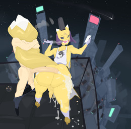 anthro backsack balls big_penis bodily_fluids butt cigarette cum duo ejaculation genital_fluids genitals human_on_anthro interspecies looking_at_viewer looking_back male male/male open_mouth penis penis_size_difference sex smoke monstrousfrog bandai_namco digimon taodad_(galaflava) canid canine digimon_(species) fox human mammal taomon absurd_res hi_res
