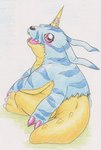 ambiguous_gender animal_skin anthro blush fur horn looking_at_viewer red_eyes simple_background sitting slightly_chubby solo striped_body striped_fur stripes yellow_body tabasukotrr bandai_namco digimon digimon_(species) gabumon absurd_res hi_res traditional_media_(artwork)